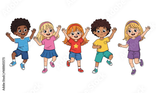 Group of happy cartoon children dancing and jumping, diverse kids in colorful clothes, playful fun illustration for school, joy, childhood