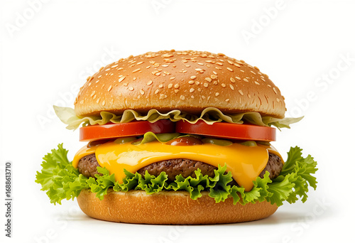 Hamburger with beef patty, cheese, and vegetables on a sesame bun, isolated on a white background