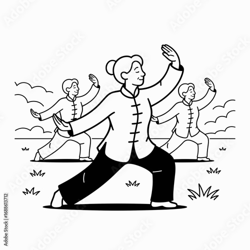 Seniors Practicing Tai Chi Outdoors Illustration