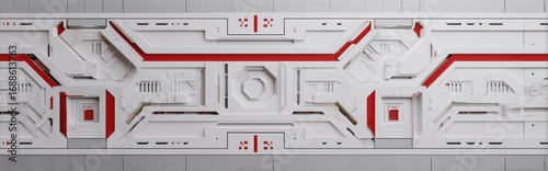 Futuristic white panel with red accents