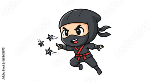 Cartoon Ninja Character Throwing Stars, Wearing Black Suit and Red Belt.