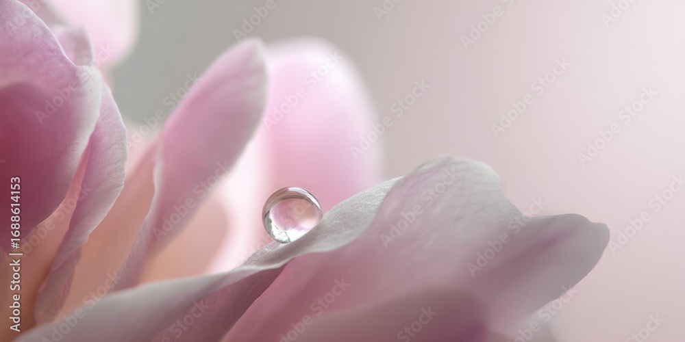 Fototapeta premium The exquisite drop of water on a soft pink flower petal.