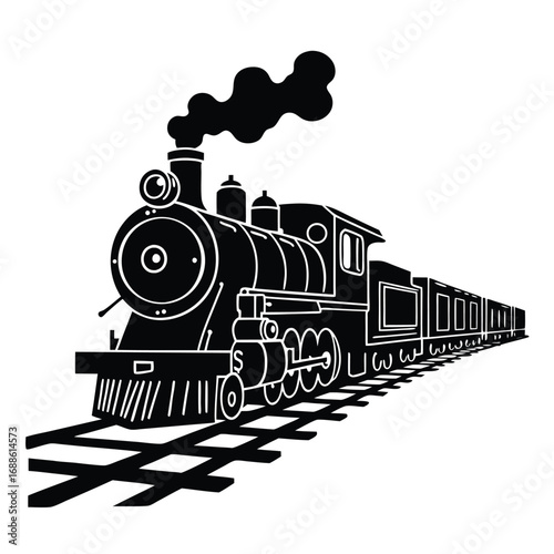 Black steam locomotive with carriages on railway tracks