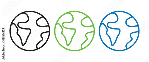 Planet Earth globe icons in black, green, and blue colors representing the world map and global connection