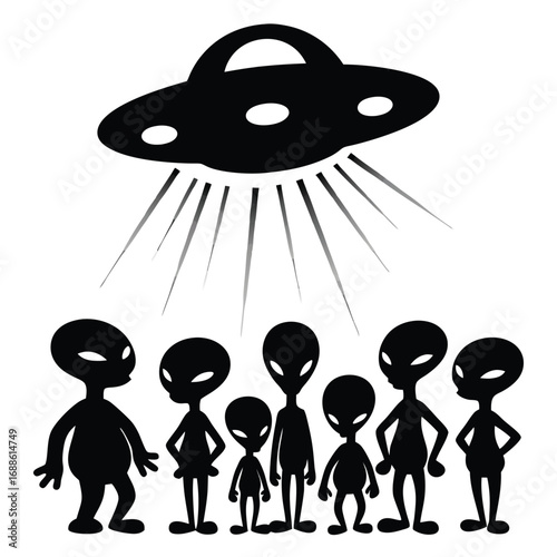Black silhouettes of aliens and a flying saucer extraterrestrial