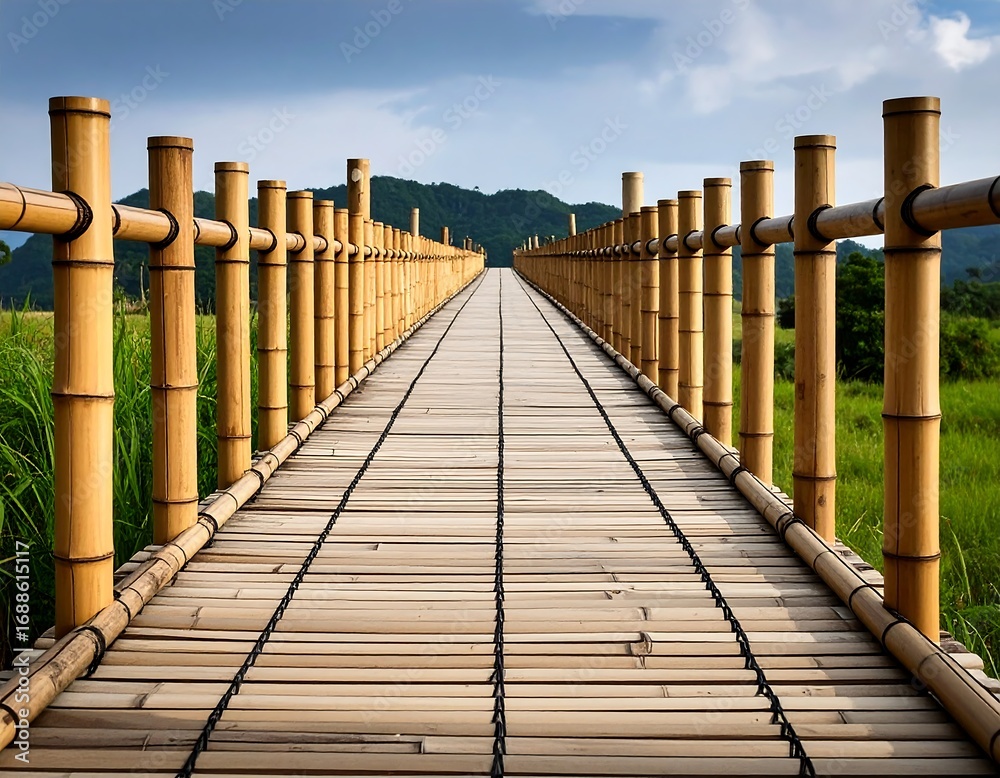 Obraz premium A serene bamboo walkway leads to distant hills