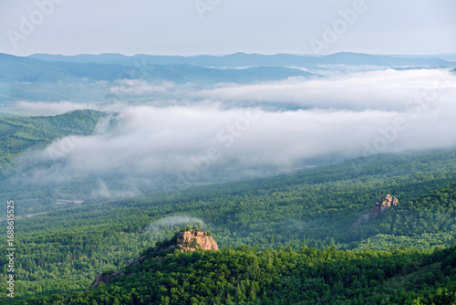 Obraz na plátně Morning Mist over Lama Mountain, Balin Town, Yakeshi City, Inner Mongolia Autono