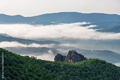 Obraz na plátně Morning Mist over Lama Mountain, Balin Town, Yakeshi City, Inner Mongolia Autono