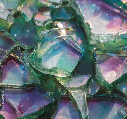 Close-up of iridescent glass shards, vibrant greens, purples, and blues