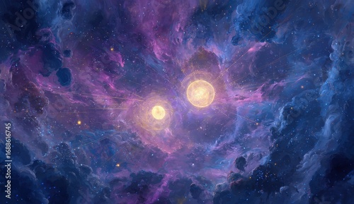 Two luminous orbs nestled within a swirling nebula of vibrant purples, blues, and golds, dotted with glittering stars
