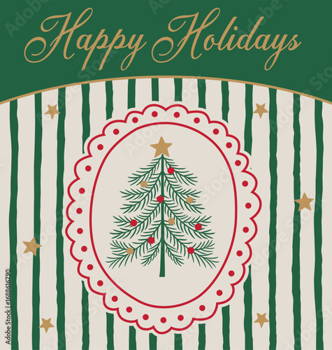 Christmas Greetings Card With Tree And Happy Holidays Wording