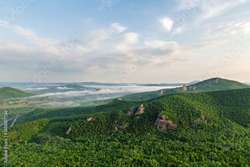 Obraz na plátně Morning Mist over Lama Mountain, Balin Town, Yakeshi City, Inner Mongolia Autono