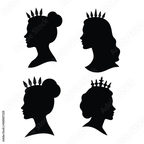 Four Black Silhouette Profiles of Women Wearing Crowns