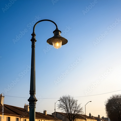 Old streetlamp shining in the afternoon sky with sodium-vapor lamp