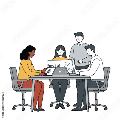 Three diverse business professionals collaborate in an office, reviewing important charts on a laptop at a conference table, depicted as a clean 2D flat vector illustration.