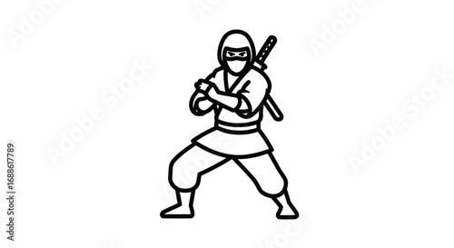 Line Art Illustration of a Ninja Warrior with Sword.