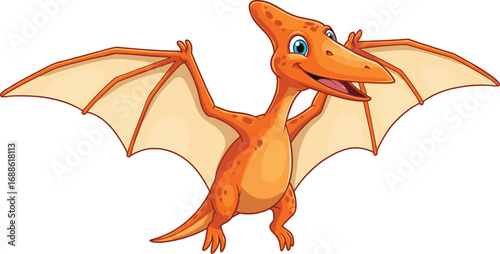 Cute cartoon pterodactyl flying with wings spread, smiling prehistoric dinosaur character, orange reptile illustration for kids vector design content.