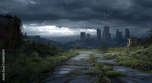 Abandoned road leading to a city under a stormy sky
