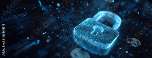 Digital padlock hovers over a dark circuit board background, glowing blue