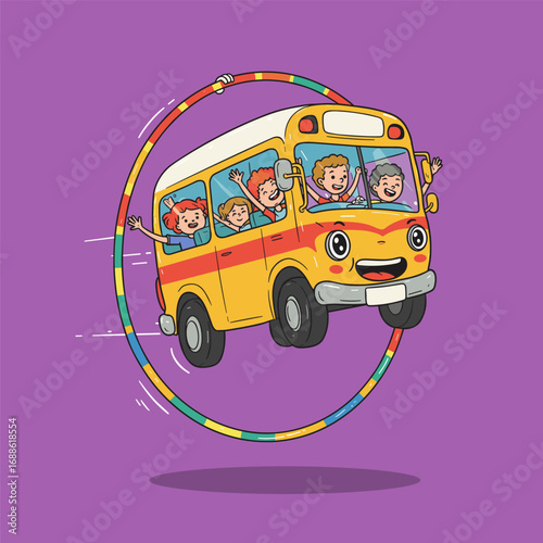 A joyful cartoon school bus with a smiling face flies through a colorful hoop, carrying six excited children against a purple background.