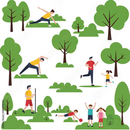 A cheerful 2D flat vector illustration shows various people exercising outdoors in a green park, with a woman doing yoga, a man jogging, and children playing amidst nature.