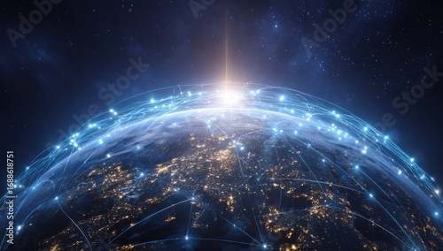Earth, networked by shimmering, glowing lines, a global communication network, in space, with a sunbeam