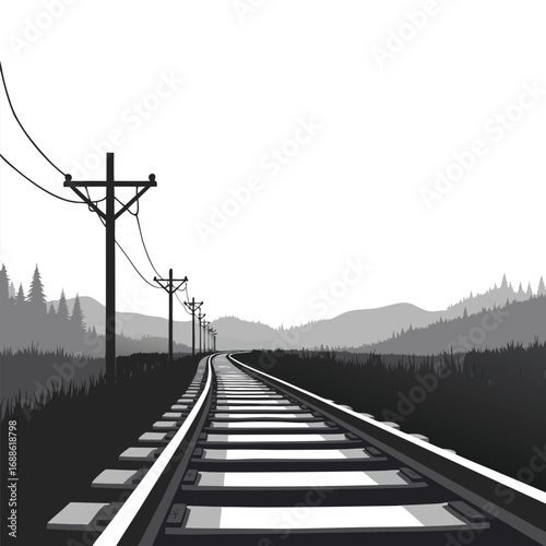 Railroad tracks curving through a grayscale forest landscape