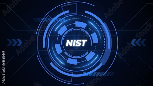 Digital Blue HUD Circle with NIST Text and Abstract Lines on Dark Background NIST futuristic