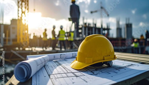 A construction site comes to life at sunrise. A yellow safety helmet rests on architectural blueprints, poised for the day's activities