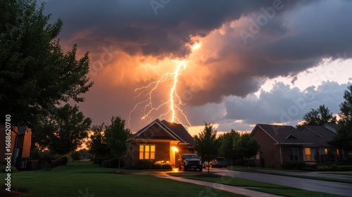 Electrical storm over residential homes during an intense sunset creating a dramatic nightscape