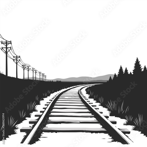 Snowy railroad tracks curve through a winter landscape with telephone poles