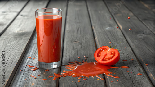 Tall glass of fresh tomato juice with a sliced tomato and spilled juice on a rustic wooden surface