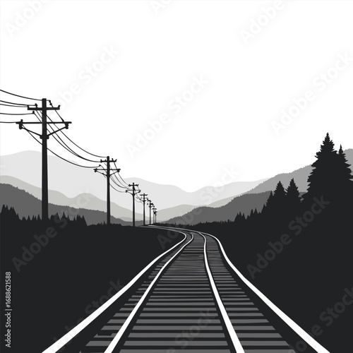 Train tracks curve through a grayscale landscape with mountains and power lines