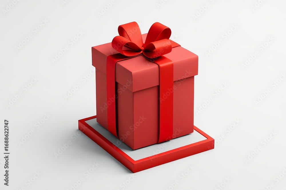 Fototapeta premium Red Gift Box with Bow on Gray Background - Festive Holiday Present