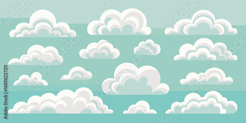 A collection of fluffy white cumulus clouds scattered across a light blue sky background