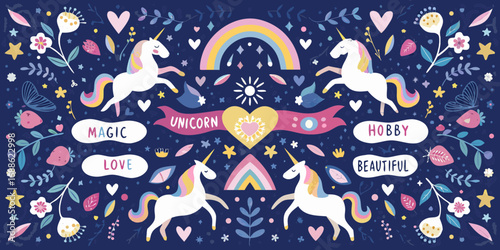 Whimsical unicorns and magical elements with positive words on dark blue background