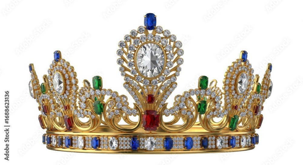 Fototapeta premium Ornate Golden Crown with Jewels on White Background