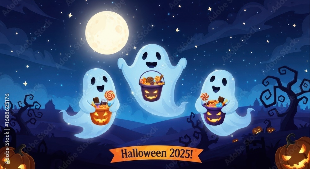 Fototapeta premium Cute Ghosts Carrying Halloween Buckets Under Full Moon Night Scene for Holiday Celebrations
