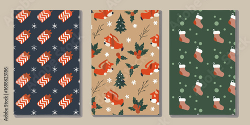 Three festive christmas pattern designs featuring cute dogs christmas trees and stockings