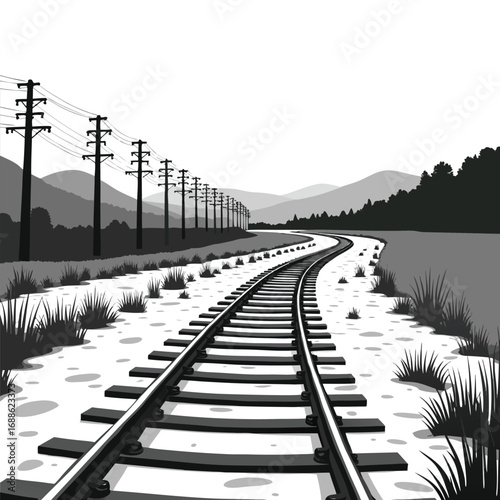 Train tracks curving through a winter landscape with power lines