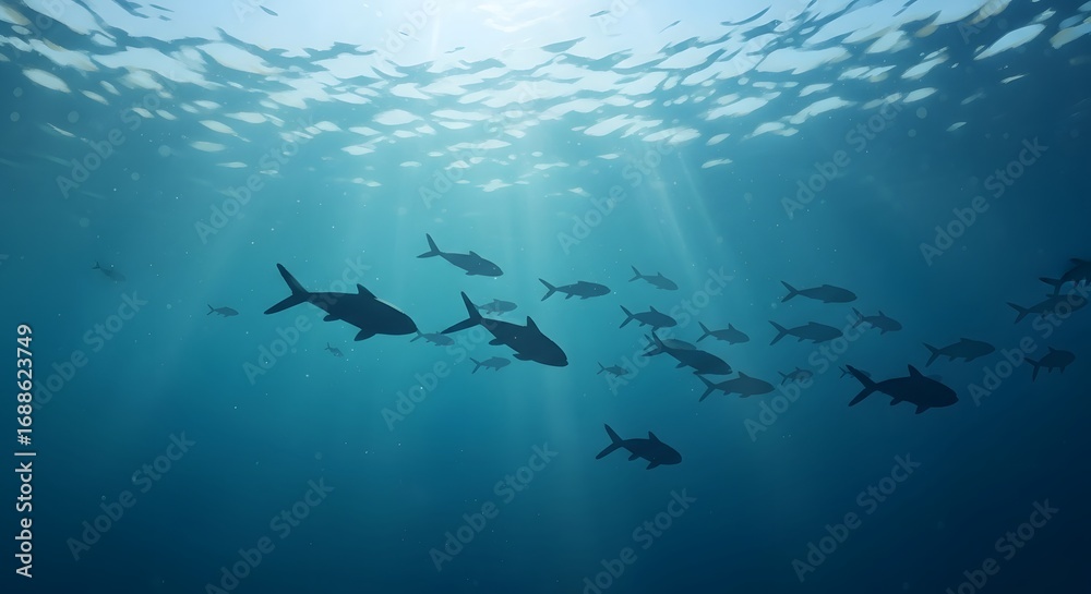 Obraz premium A school of fish swims in the sunlit ocean