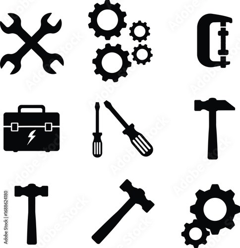 Mechanical engineering tools and hardware icons. Wrench, gears, toolbox, and hammer vector symbols for industrial use.