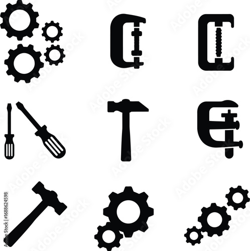 Mechanical engineering tools and gears icon set. Hammer, screwdriver, and clamp symbols for repair and industrial design.