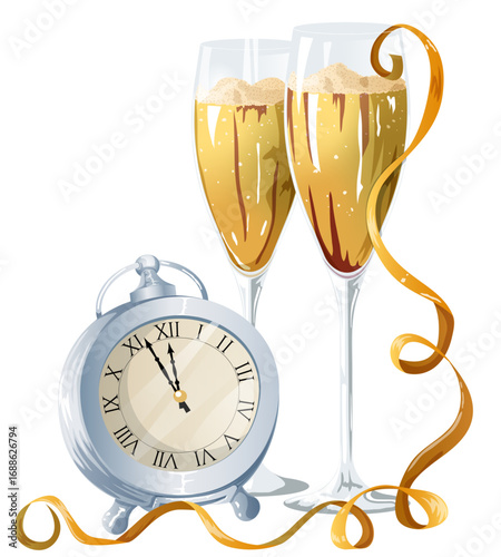 New Year Midnight Countdown Celebration with Champagne Glasses and Clock – Festive Party Illustration