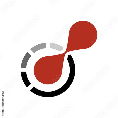 Tech circular abstract logo with red and grey elements in modern geometric style symbolizing research, biotechnology, laboratory, digital science, innovation, medical startup and corporate branding