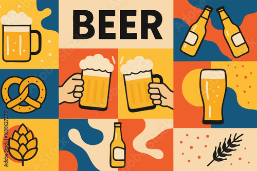 Colorful Beer Celebration Collage – Modern Flat Vector with Mugs, Bottles, Pretzel and Hops