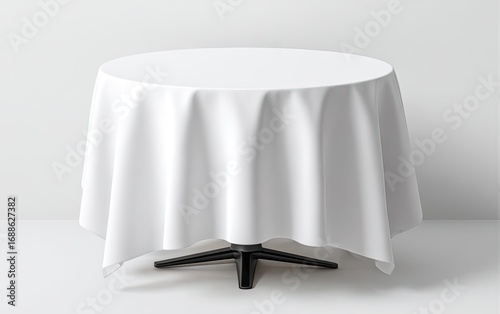 A pristine white tablecloth drapes a round table with a simple black base against a minimalist white backdrop. The fabric's soft folds suggest a luxurious, clean aesthetic