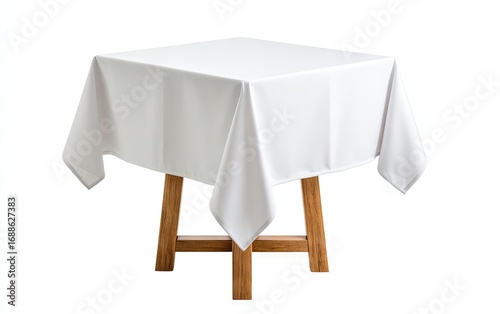 A pristine white tablecloth drapes a simple, light wood square table isolated on a white background, showcasing its smooth texture and elegant drape