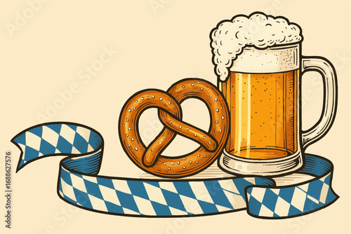 Bavarian Beer Mug with Pretzel and Ribbon – Oktoberfest Vector Illustration