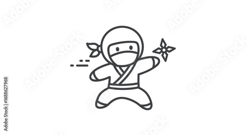 Cartoon Ninja with Shuriken, Ready for Action in Black and White Outline.